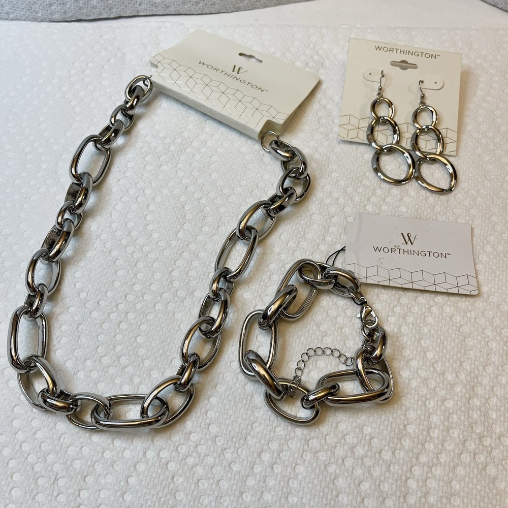 WORTHINGTON 3 Pc Necklace Bracelet Earrings Chunky Chain‎ Link Silver Tone NWT